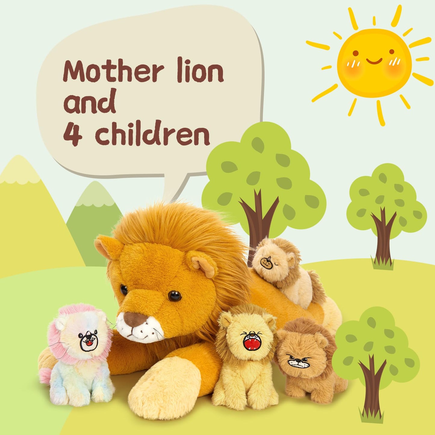 MorisMos Big Lion Teddy Soft Toy, 60cm Mom with 4 Cuddly Baby Inside, Giant Fluffly Lion Stuffed Animal Realistic Kawaii Gift for Kids Birthday Deco