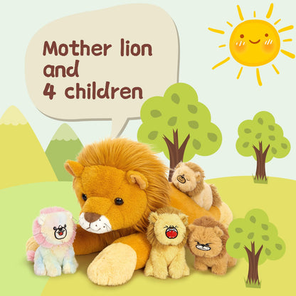 MorisMos Big Lion Teddy Soft Toy, 60cm Mom with 4 Cuddly Baby Inside, Giant Fluffly Lion Stuffed Animal Realistic Kawaii Gift for Kids Birthday Deco