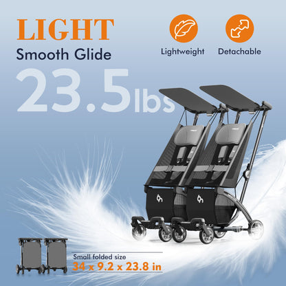 Beberoad R1 Auto-Fold Double Stroller Tandem Pushchair, Ultra Compact Double Pushchair Buggy Pram for Babies Over 6 Months, Side by Side Pram, Can Turn into Two Single Strollers, Only 23.5 lbs, Grey
