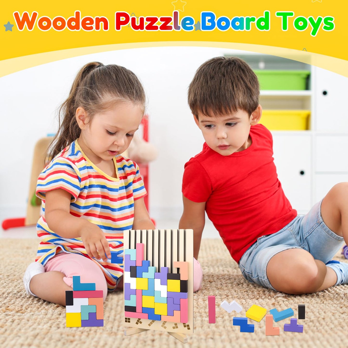 Bukbas Wooden Stacking Puzzle Toy, Wooden Blocks Tangram Jigsaw Puzzle Toys for Kids Boys Girls, Intelligence Colorful 3D Blocks with 10 Cards Building Games, Stress Relief Toys Gifts