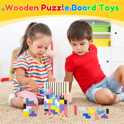 Bukbas Wooden Stacking Puzzle Toy, Wooden Blocks Tangram Jigsaw Puzzle Toys for Kids Boys Girls, Intelligence Colorful 3D Blocks with 10 Cards Building Games, Stress Relief Toys Gifts