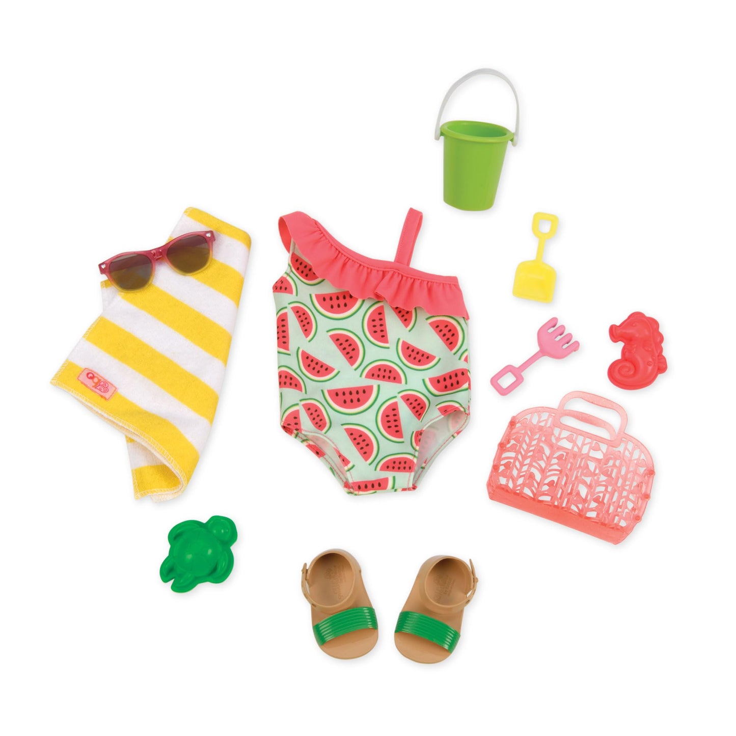 Our Generation 11-piece beach outfit set featuring a colorful swimsuit and beach toys for 18-inch dolls.