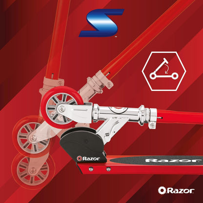 Razor S Real Steel Kick Scooter in red with a sleek design and sturdy frame, showcasing its wheels and handlebars.