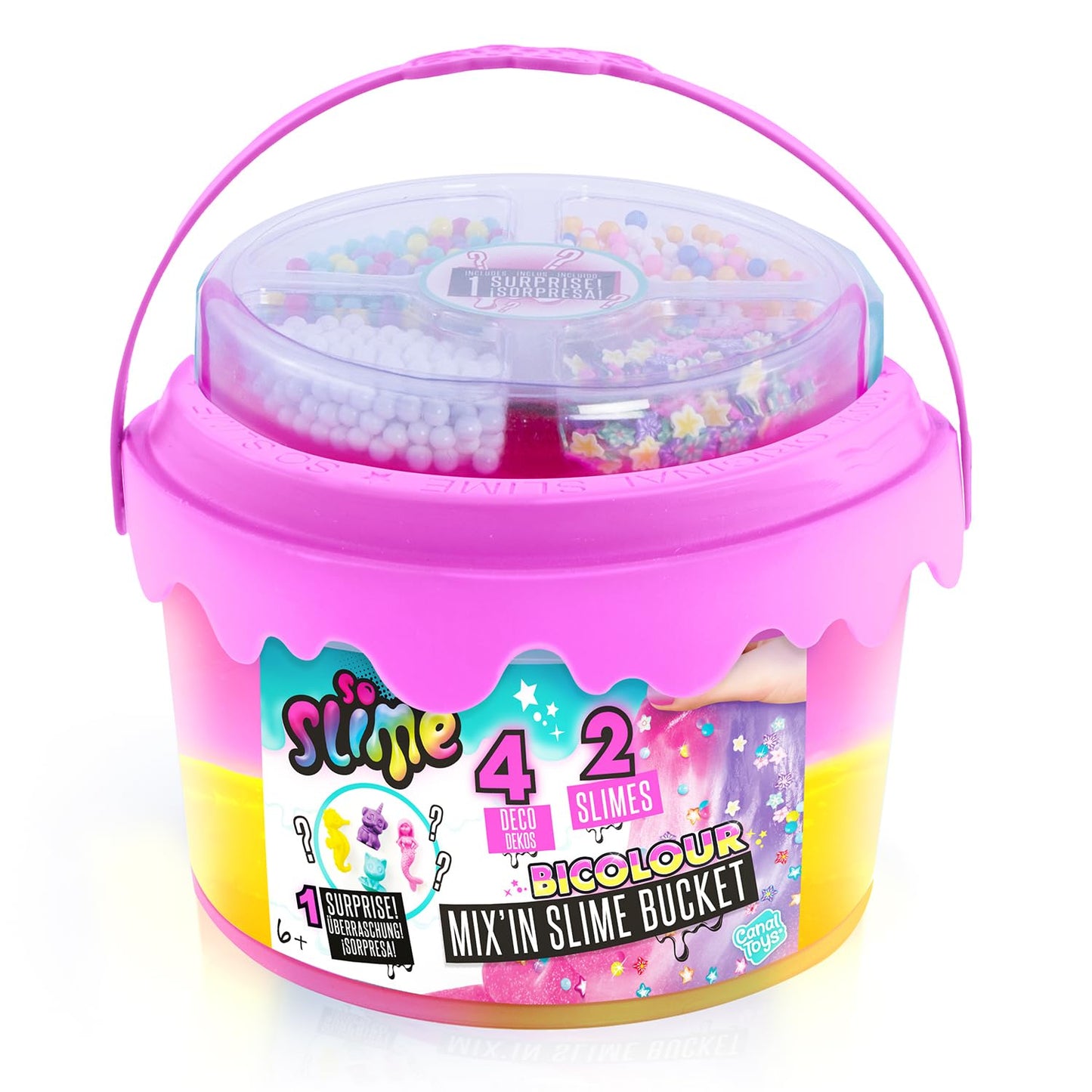 Multicolour slime bucket by Canal Toys with mix-in decorations, ready-to-play slime for kids aged 6 and up.