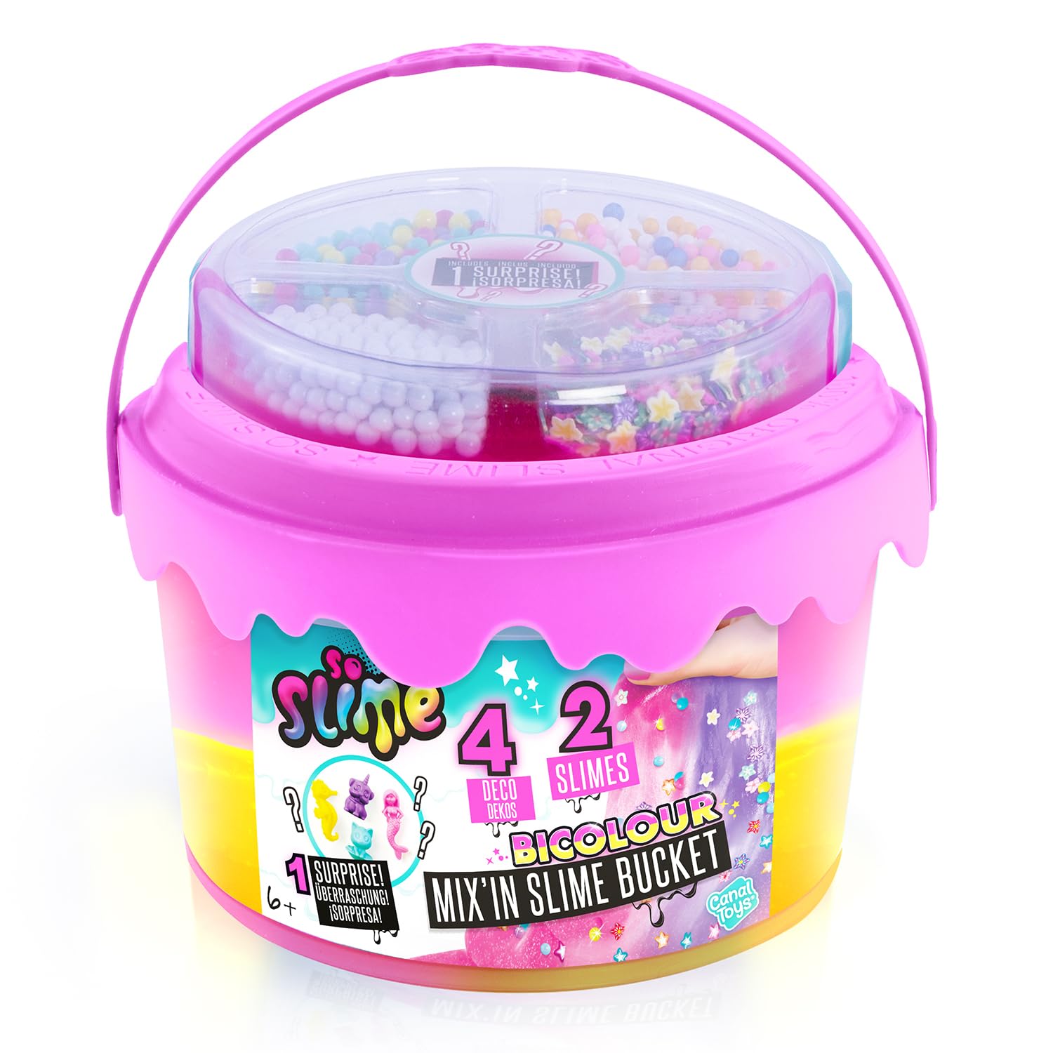Multicolour slime bucket by Canal Toys with mix-in decorations, ready-to-play slime for kids aged 6 and up.