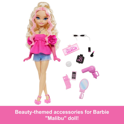 Barbie Dream Besties Playset with Malibu doll, wavy blonde hair, 11 makeup and hair accessories, poseable fashion doll.