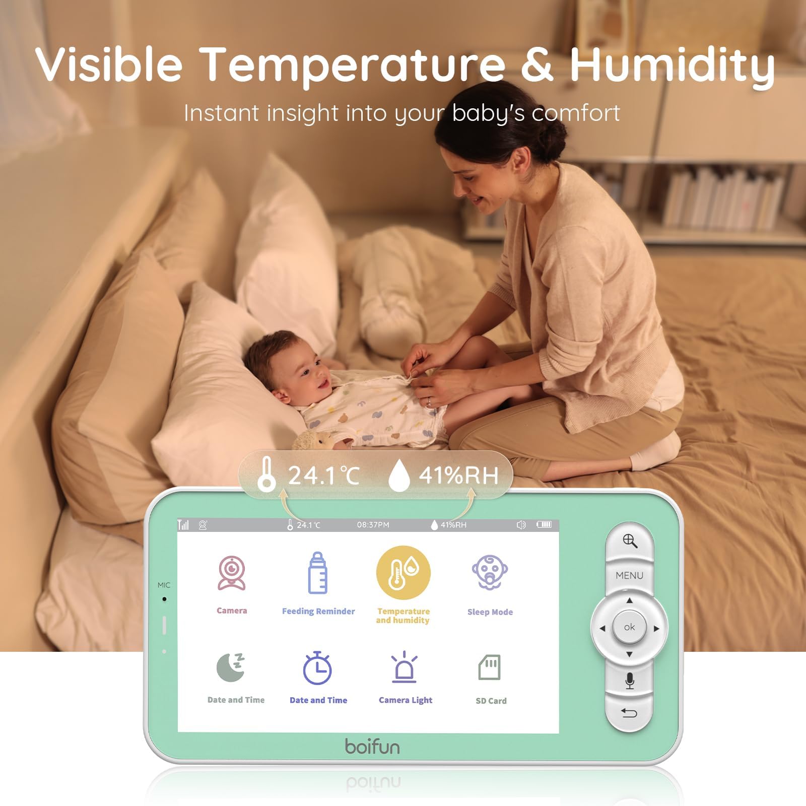 Boifun 2K WiFi baby monitor with 5'' screen, night vision, 360° PTZ camera, smart night light, and smartphone app control.