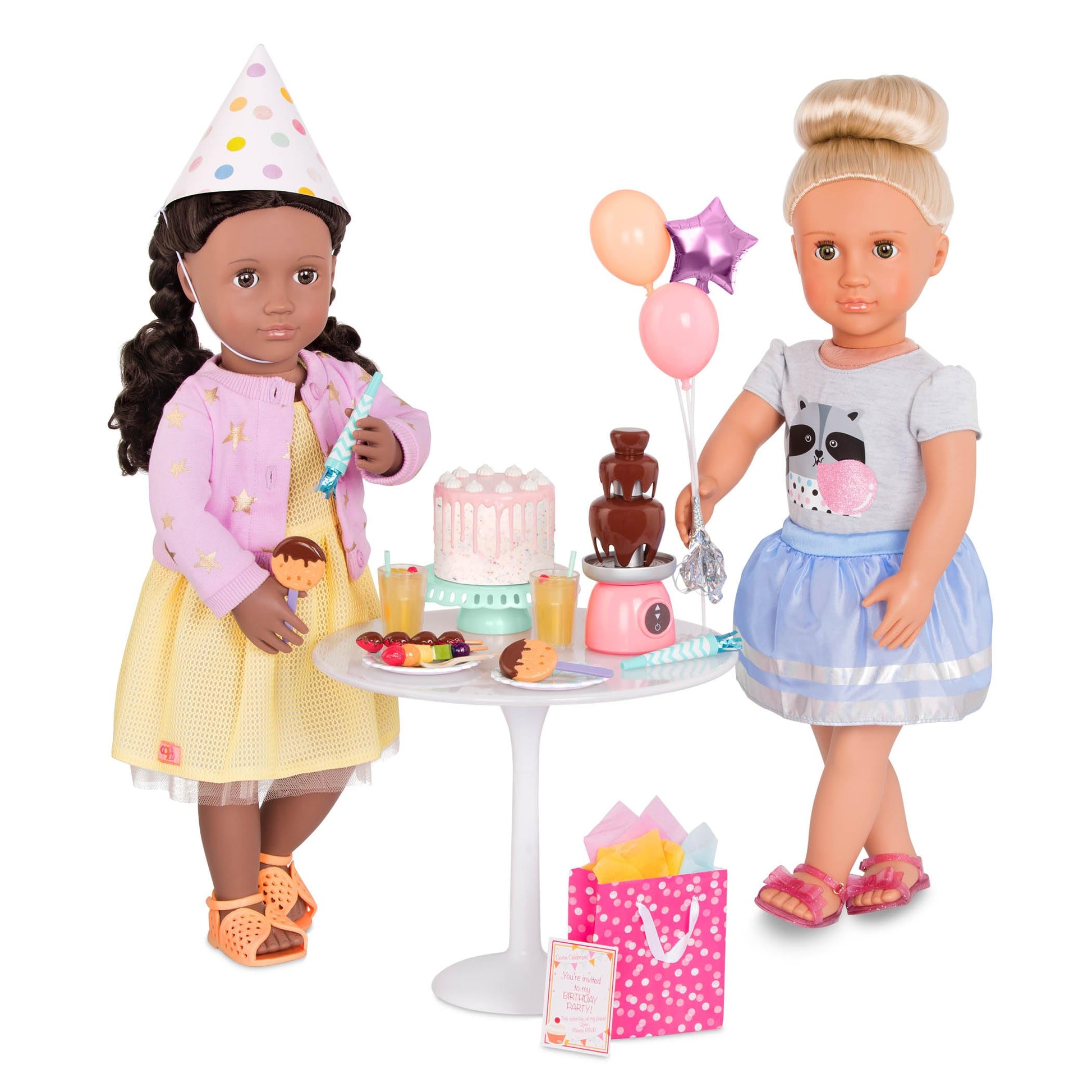 18-inch Our Generation doll party accessories featuring a birthday cake and colorful balloons for imaginative play.