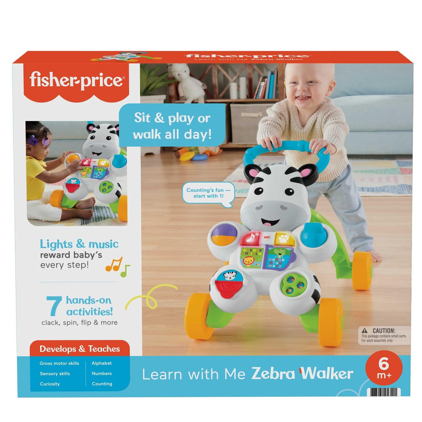 Fisher-Price Learn with Me Zebra Walker First Steps Baby Walker Push Along Toy with Lights, Music, Baby Girl and Baby Boy Toys Hands-On Toddler Baby Push Along Walker UK English Version, GXC31
