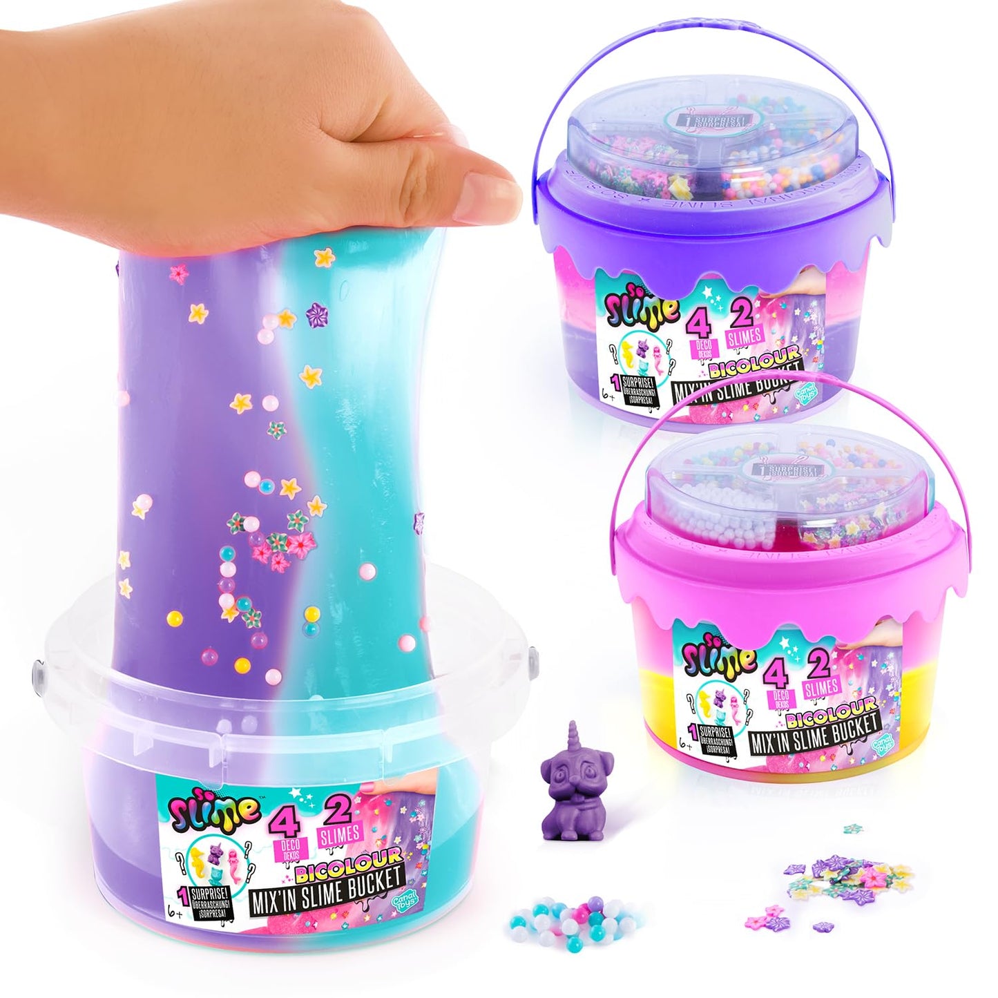 Multicolour slime bucket by Canal Toys with mix-in decorations, ready to play, perfect gift for kids aged 6 and up.