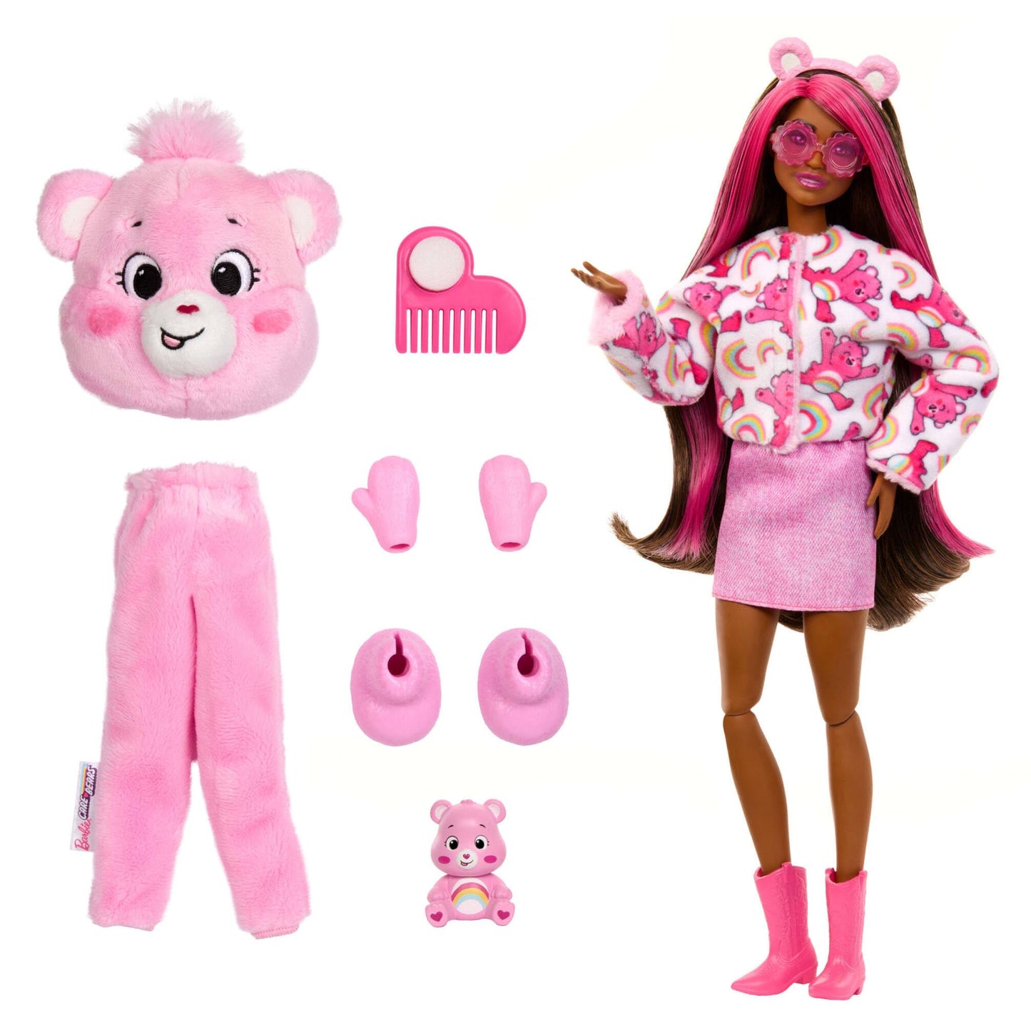 Barbie Cutie Reveal Care Bears Series doll with Cheer Bear plush costume, 10 surprises, including color change features and mini bear.