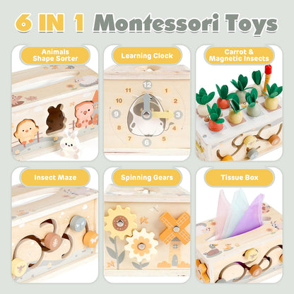 Vanplay Montessori Toys for 1 Year Old, 6 in 1 Baby Tissue Box Toy Wooden Activity Cube, Shape Sorter Sensory Toys for Babies 12 Months, 1st Birthday Gifts for Girls Boys