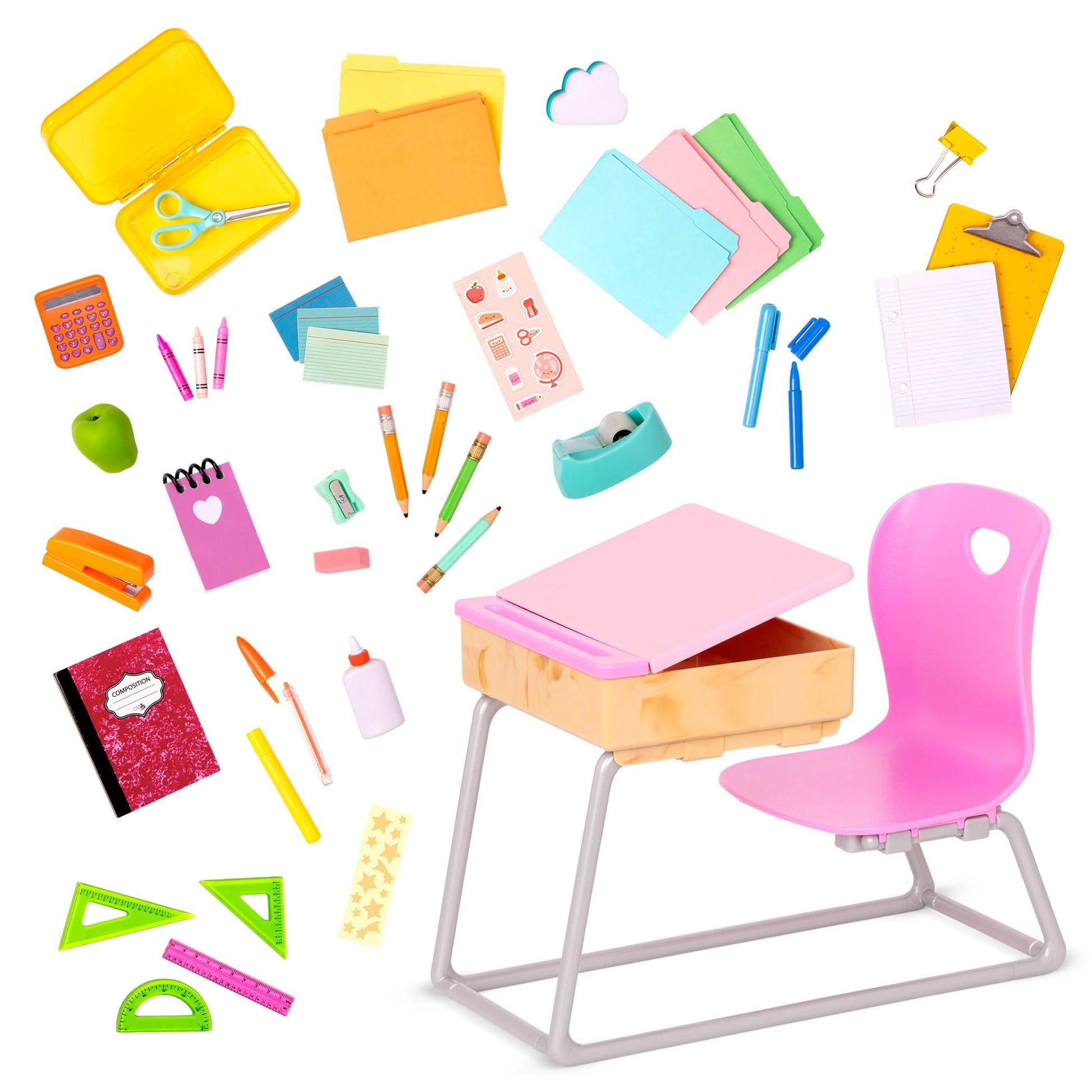 Our Generation Flying Colours Set featuring a school desk and classroom supplies for 18-inch dolls, 46-piece playset.