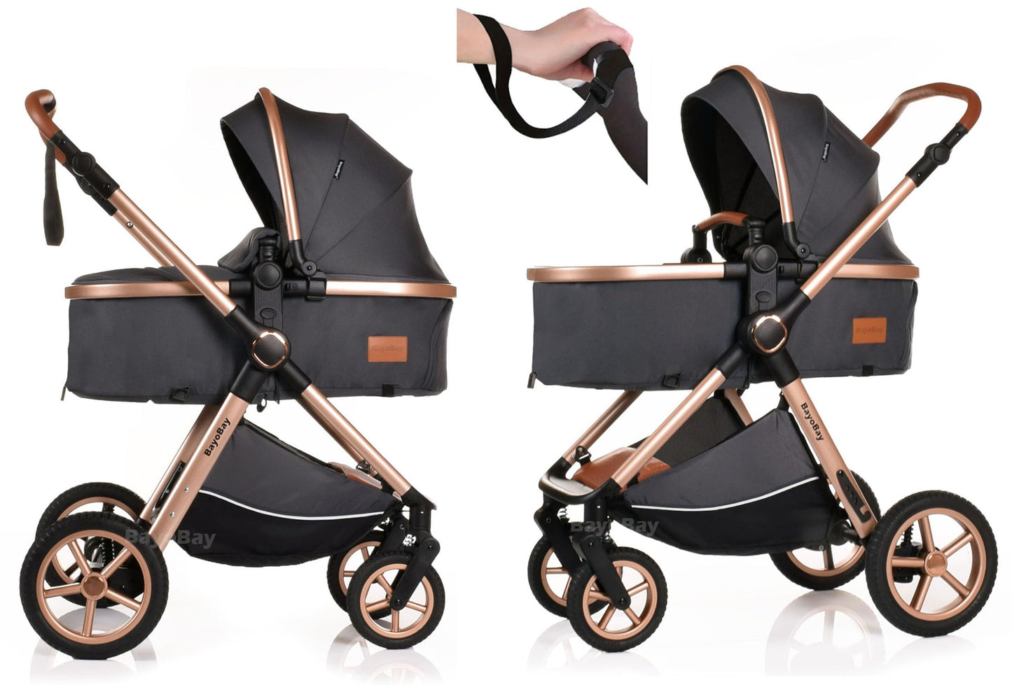 BayoBay 3-in-1 baby buggy pram and stroller with car seat and carrycot, lightweight, foldable travel system in grey gold.