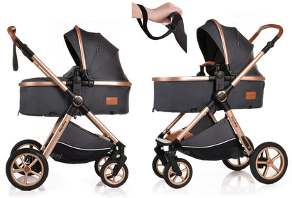 Baby Pram Pushchair Buggy Stroller 3 in 1 Child Lightweight Folding Stroller 3 in 1 Travel System Pram for Newborns Toddlers from Birth New 2026 Style LEDs, FREEBIES (BBC - Grey Gold, BBC)