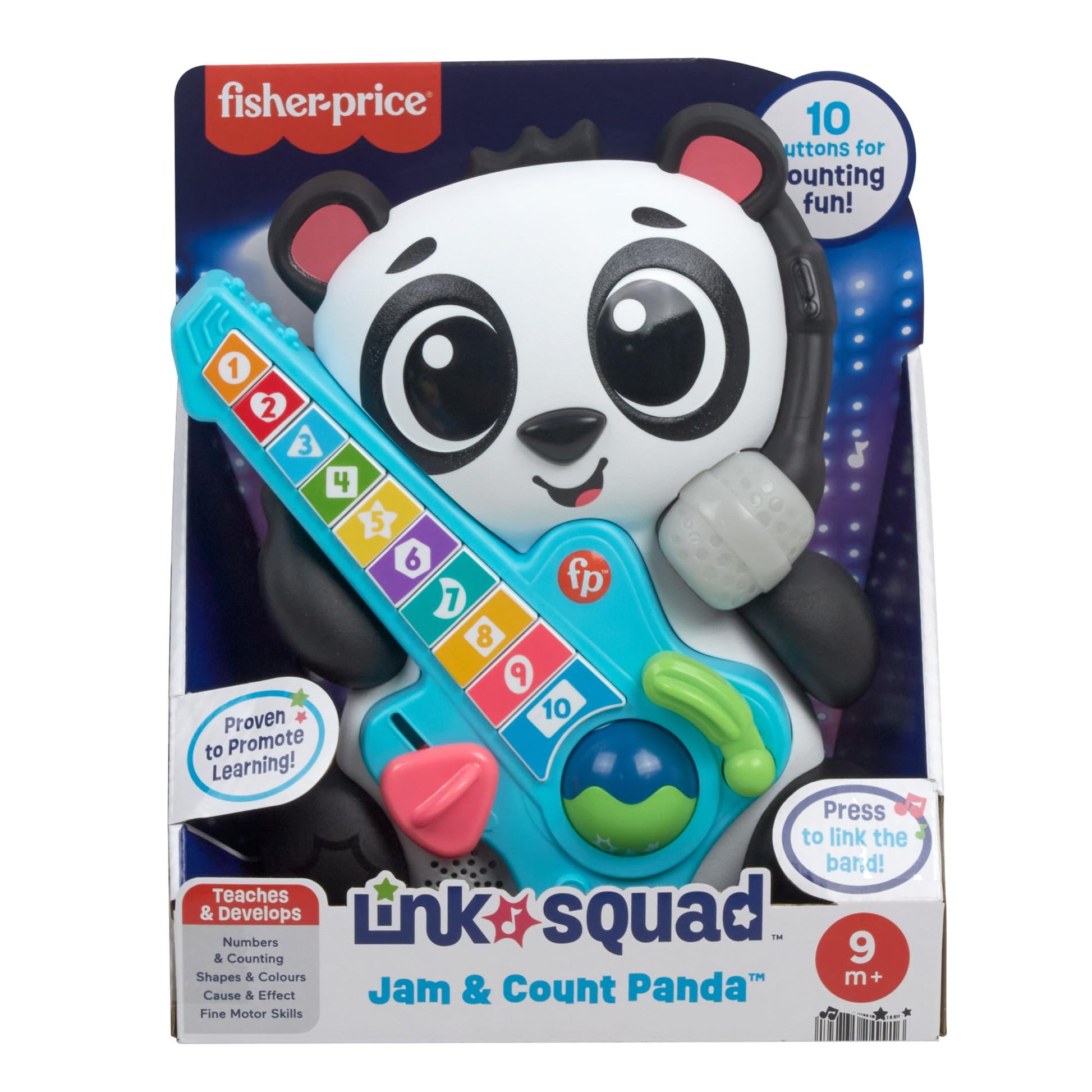 Fisher-Price Baby Learning Toy Link Squad Jam & Count Panda with music and lights, suitable for ages 9+ months, UK English version.
