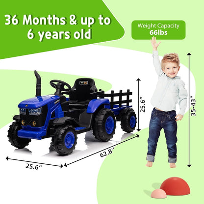 Kids Ride on Tractor with Detachable Trailer, 12V Battery Powered Electric Tractor with Remote Control, Dual Motors, Horn, Music/USB, 7 LED Lights, Ride on Toy Car for Ages 3+ (Blue)
