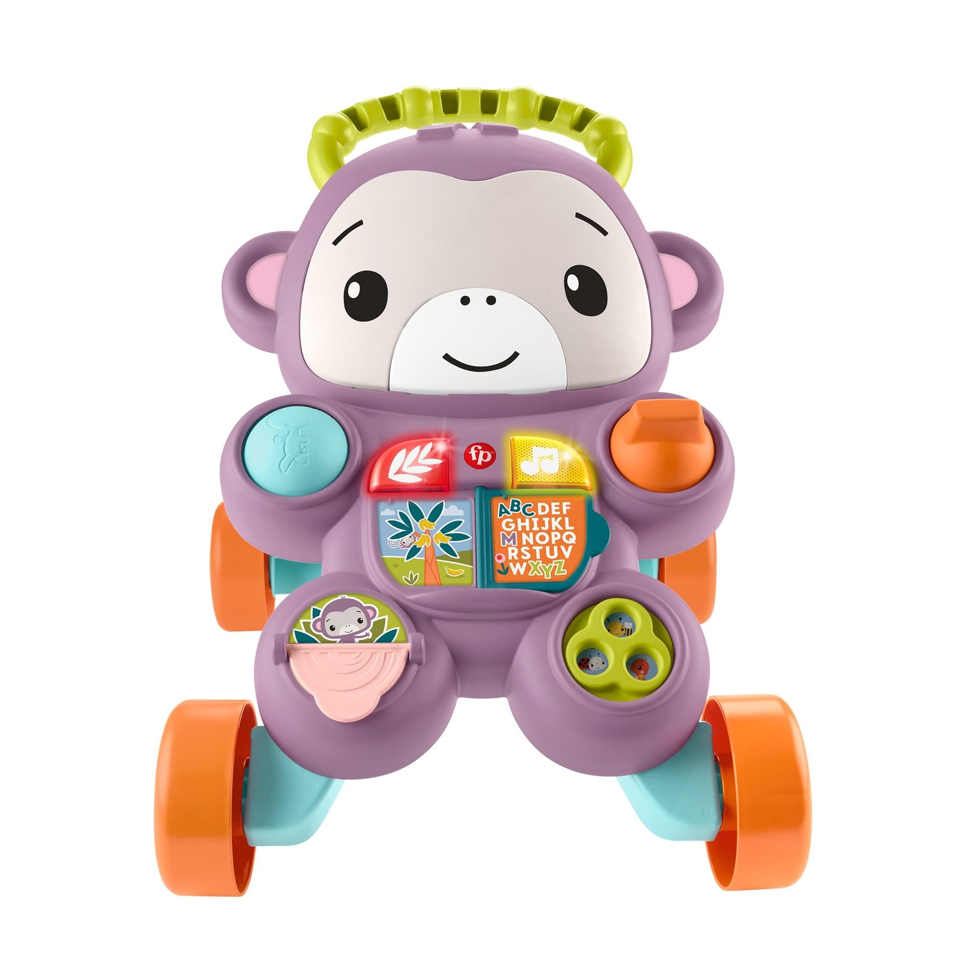Fisher-Price Baby Walker with purple monkey toy, music, lights, and activities for infants and toddlers aged 6 months and up.