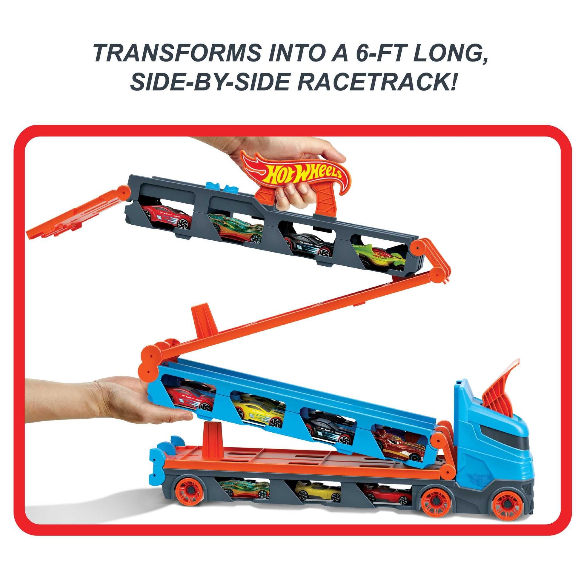 Hot Wheels Speedway Hauler with 3 cars and 6-foot drag race track for kids, designed to store 20+ cars.