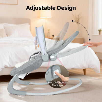 JoyCushy Baby Bouncer, Electric Baby Rocker from Birth Adjustable with Music and Vibration, Suitable for Newborns 0-6 Months Baby Bouncer with 3-Point Harness, Removable Toy Bar with 2 Toys