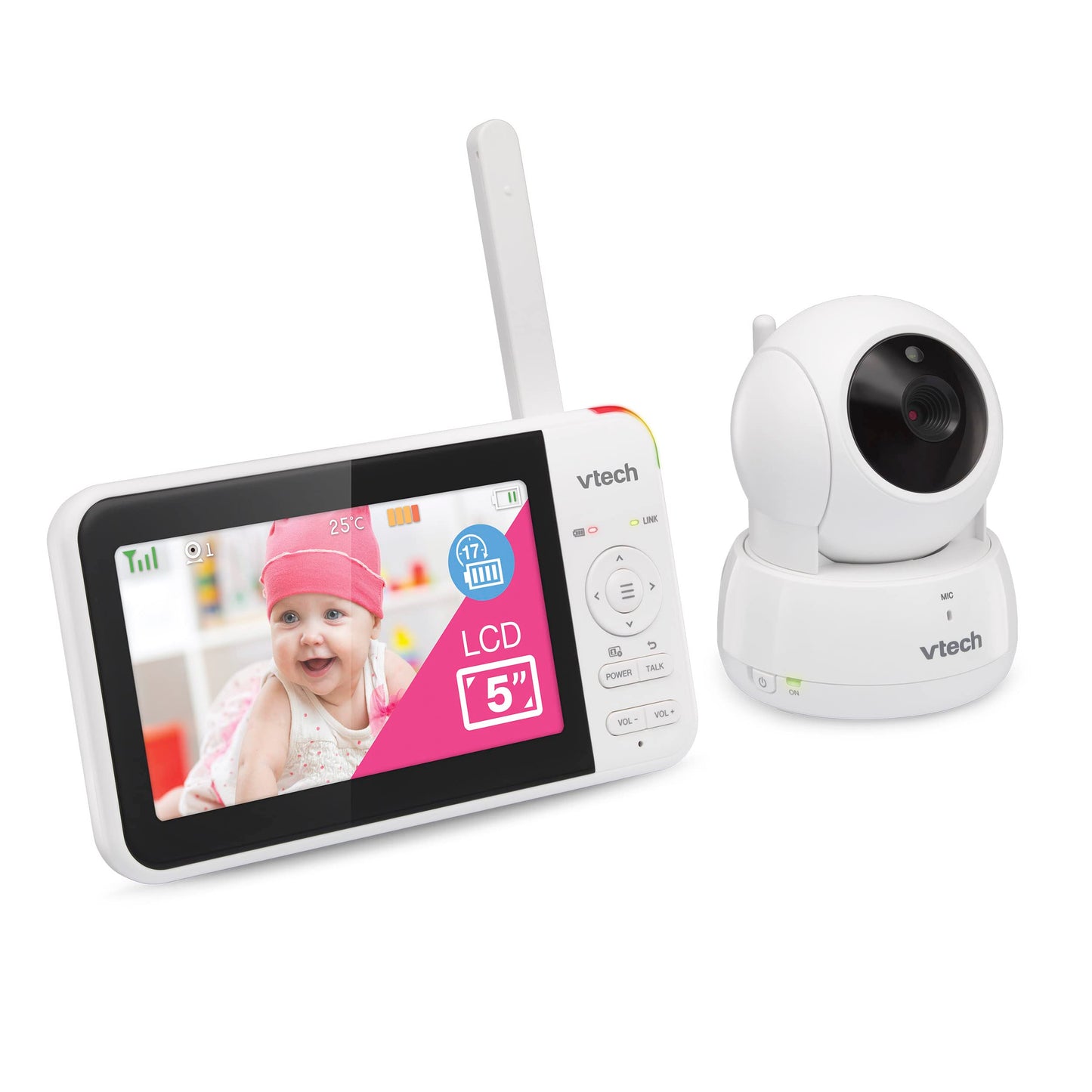 VTech VM924 video baby monitor with camera, 5" LCD screen, night vision, pan and tilt, and two-way talk.