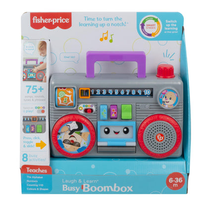 Fisher-Price Laugh & Learn Busy Boombox UK edition, a retro-inspired musical infant toy with learning features for babies and toddlers.
