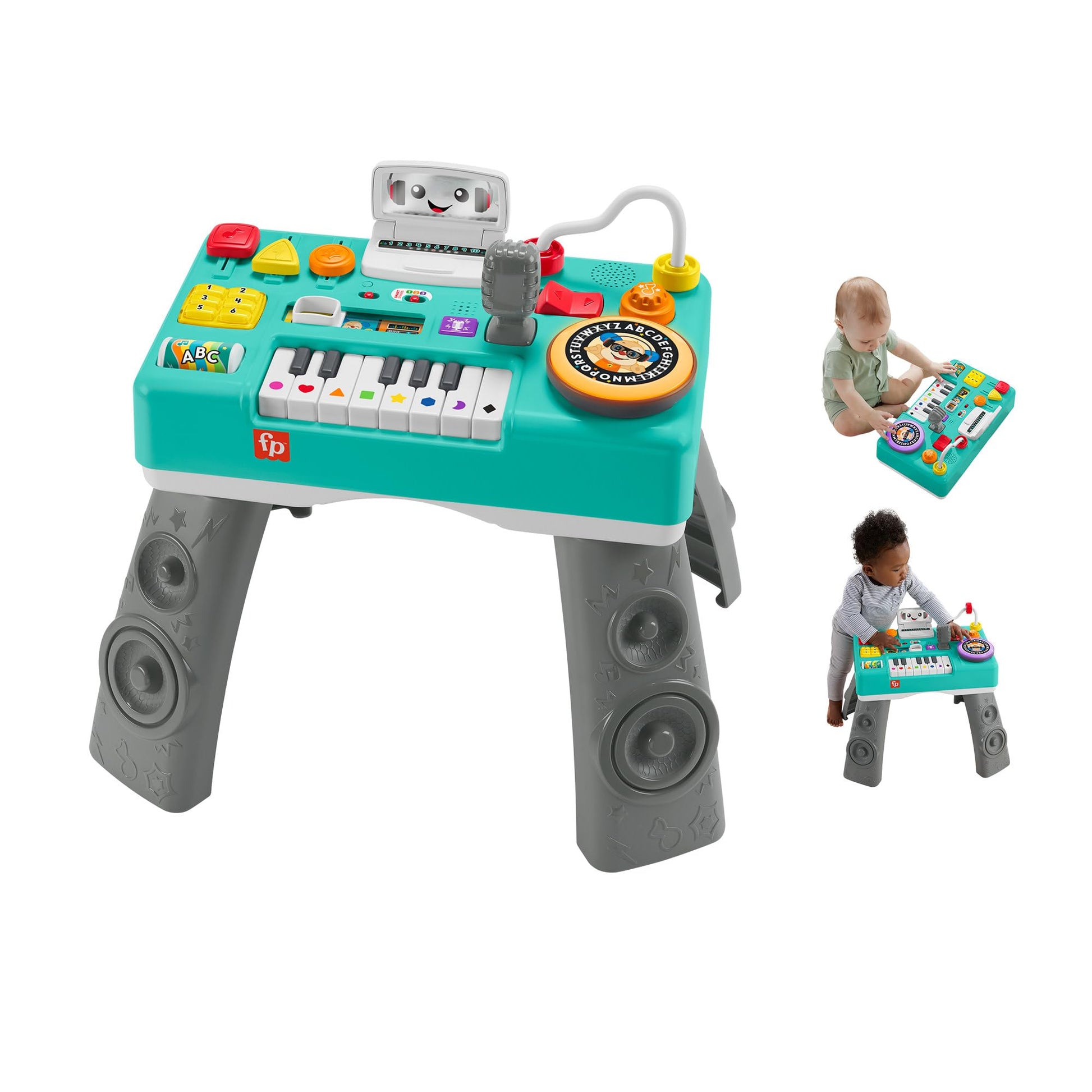 Fisher-Price Laugh & Learn DJ Table for babies and toddlers with colorful lights, buttons, and musical sound features.