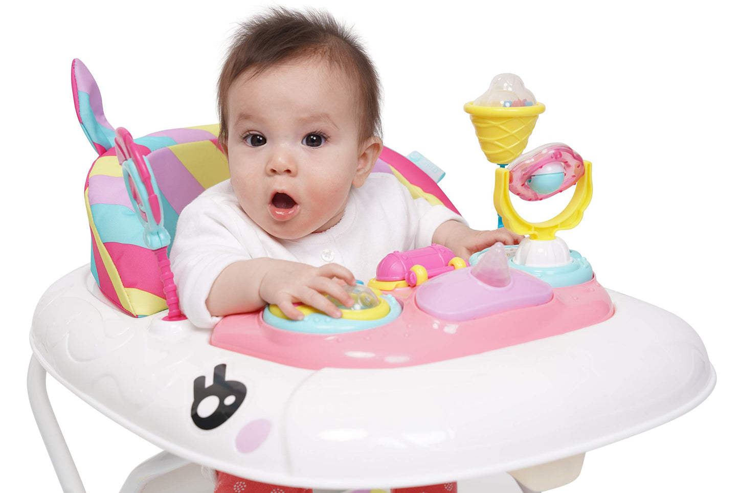 MyChild Unicorn 2-in-1 pink rainbow baby walker and rocker with activity center, foldable frame, safety blocks, and three height adjustments.