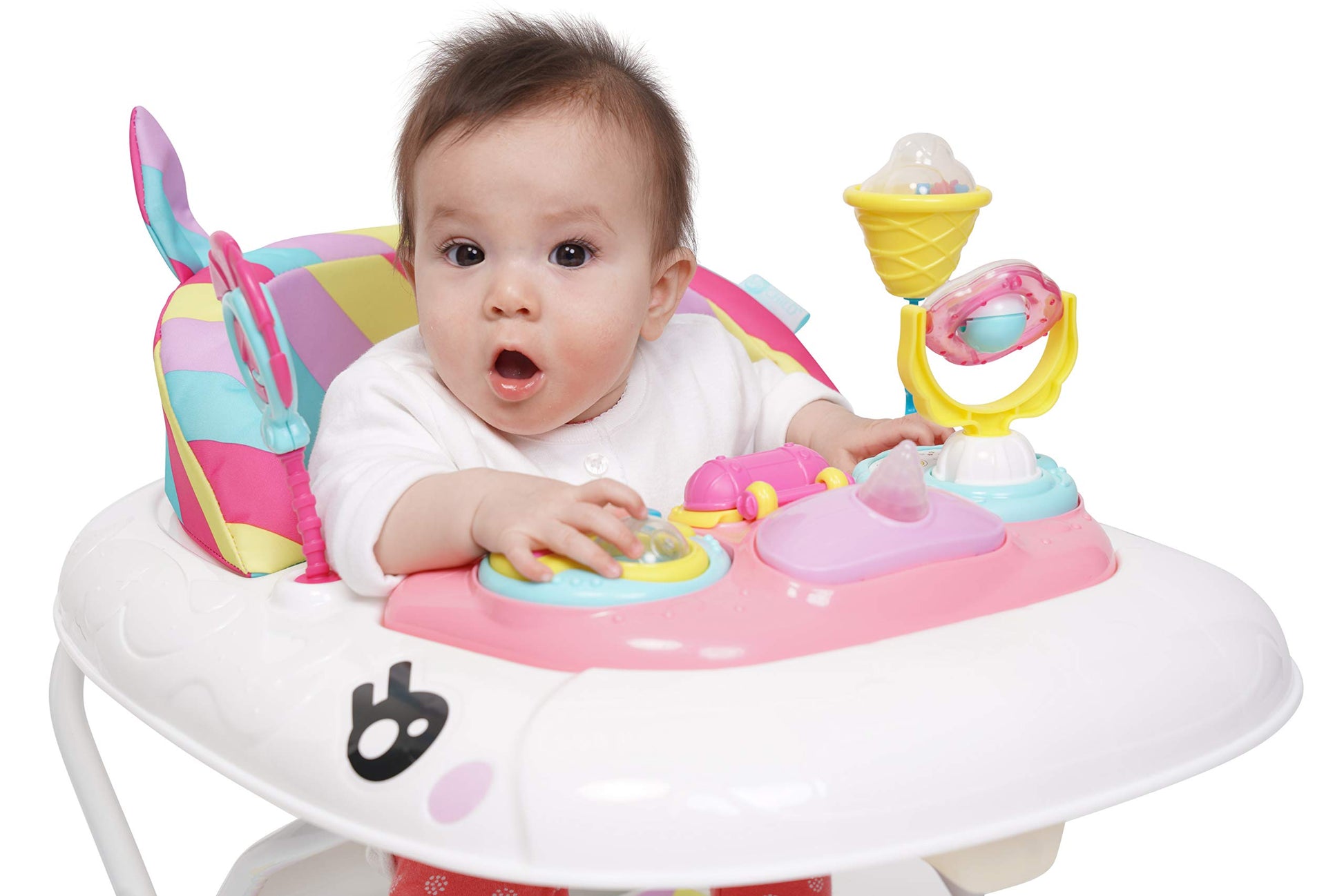 MyChild Unicorn 2-in-1 pink rainbow baby walker and rocker with activity center, foldable frame, safety blocks, and three height adjustments.