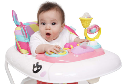 MyChild Unicorn 2-in-1 pink rainbow baby walker and rocker with activity center, foldable frame, safety blocks, and three height adjustments.