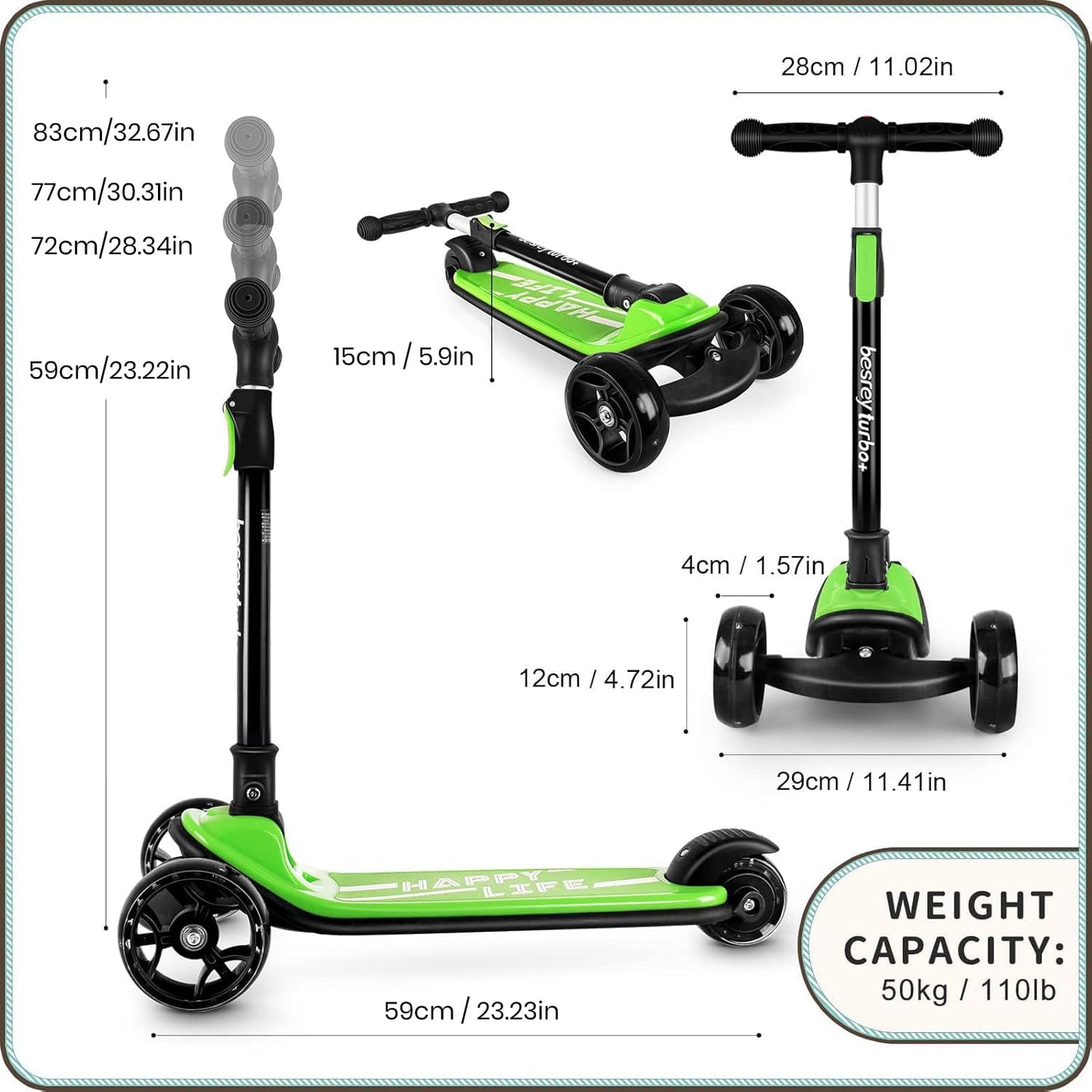 besrey kids scooter with large wheels, flashing LED lights, adjustable height, and three wheels, designed for children ages 3-10.