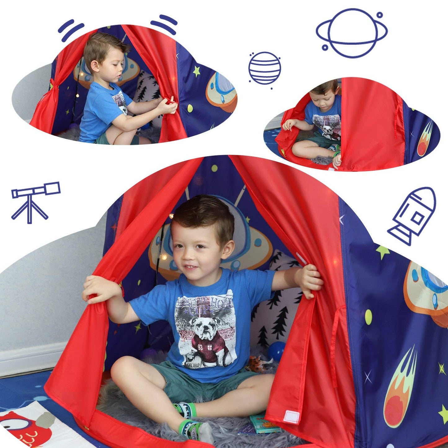 Blue SONGMICS Prince Castle play tent for boys, toddler indoor and outdoor pop-up teepee with carry bag and EN71 certification.