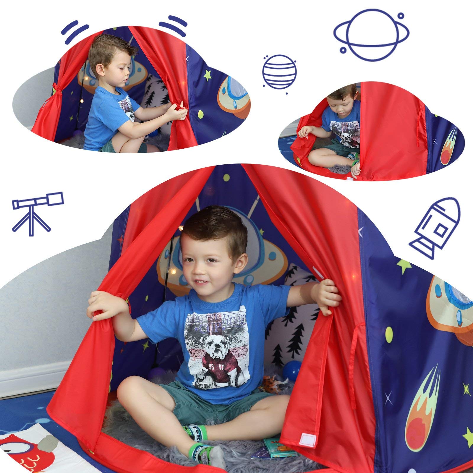 Blue SONGMICS Prince Castle play tent for boys, toddler indoor and outdoor pop-up teepee with carry bag and EN71 certification.