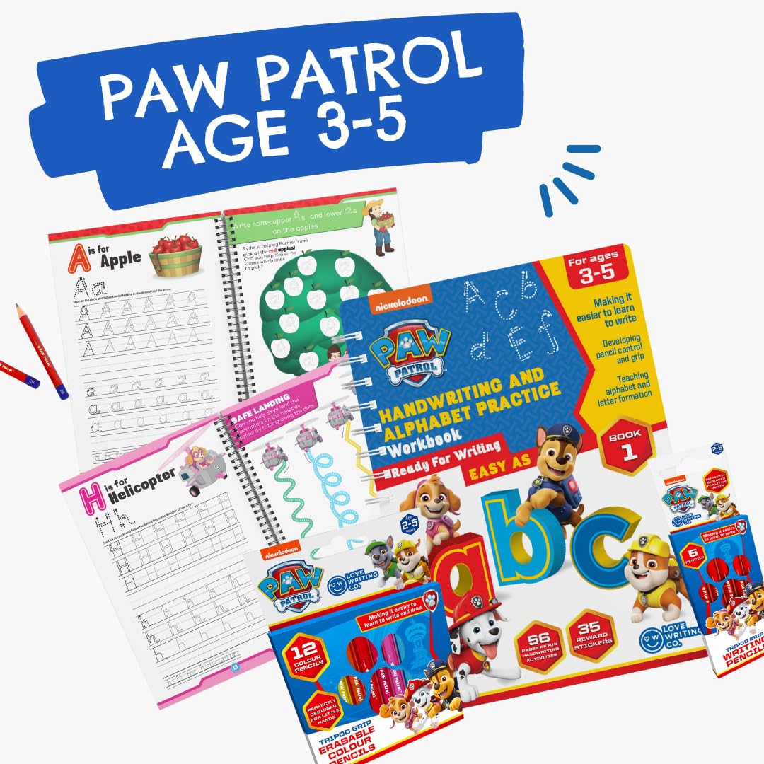 Love Writing Co. The Ultimate PAW PATROL Learn To Write The Alphabet Bundle -Children Age 3-5 - My First Handwriting and Letter Formation Activity Book, Tripod Grip Pencils and Colour Pencils