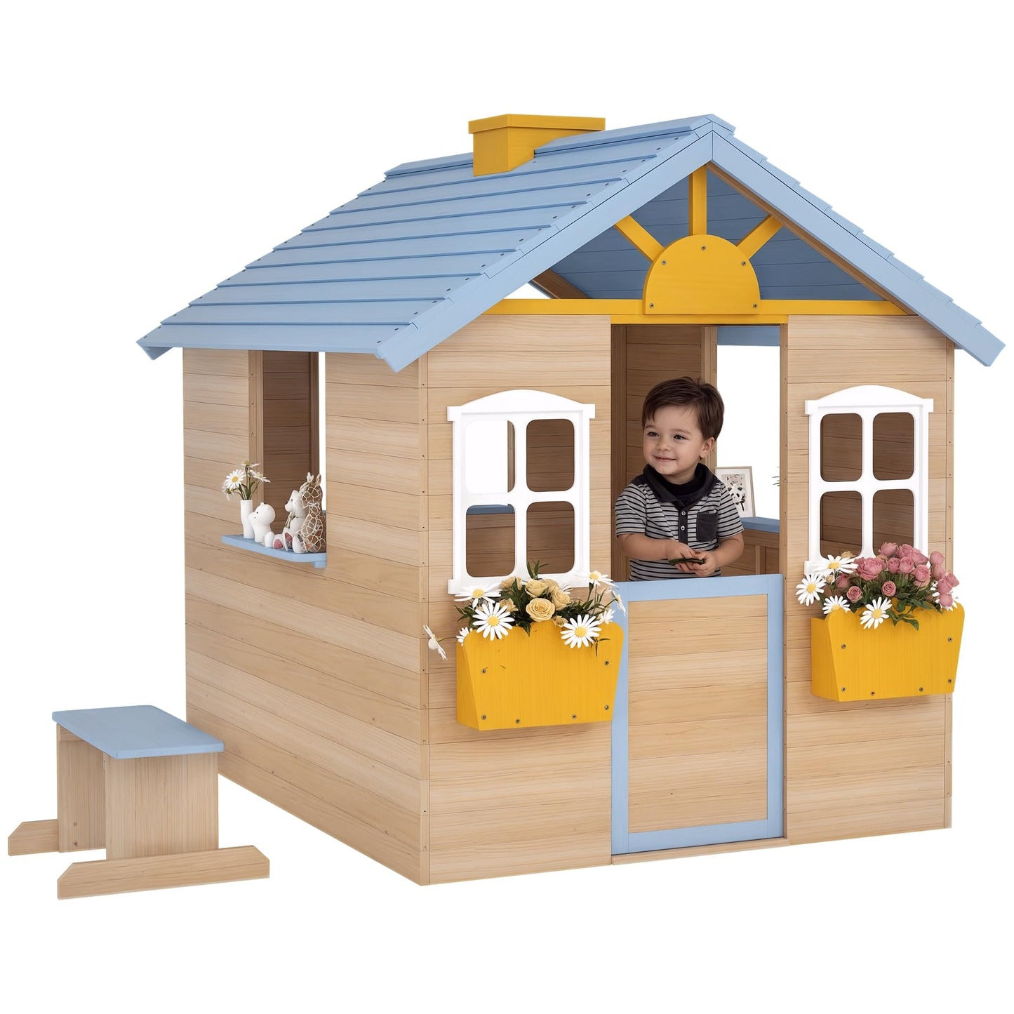 Outsunny wooden kids' playhouse with blue exterior, picnic bench, door, windows, flower pot, and pretend play features for ages 3-7.