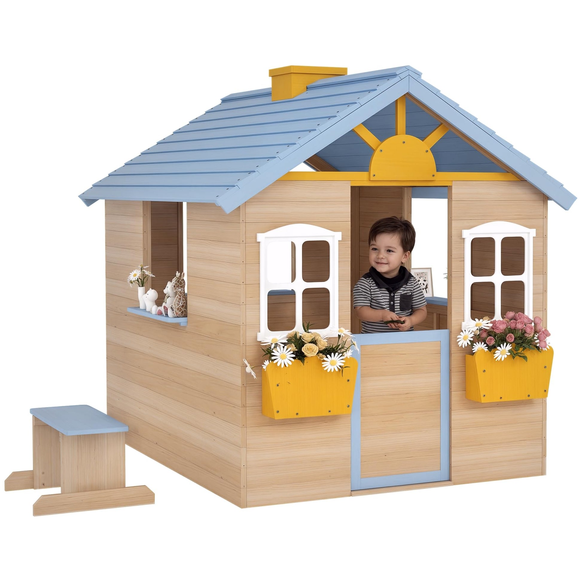 Outsunny wooden kids' playhouse with blue exterior, picnic bench, door, windows, flower pot, and pretend play features for ages 3-7.