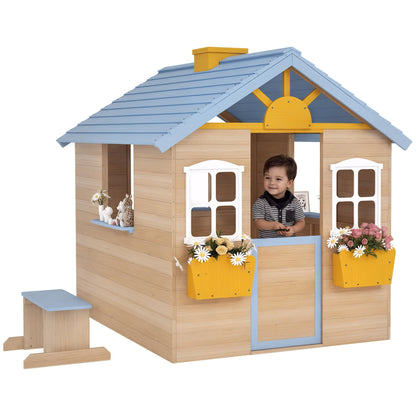 Outsunny wooden kids' playhouse with blue exterior, picnic bench, door, windows, flower pot, and pretend play features for ages 3-7.