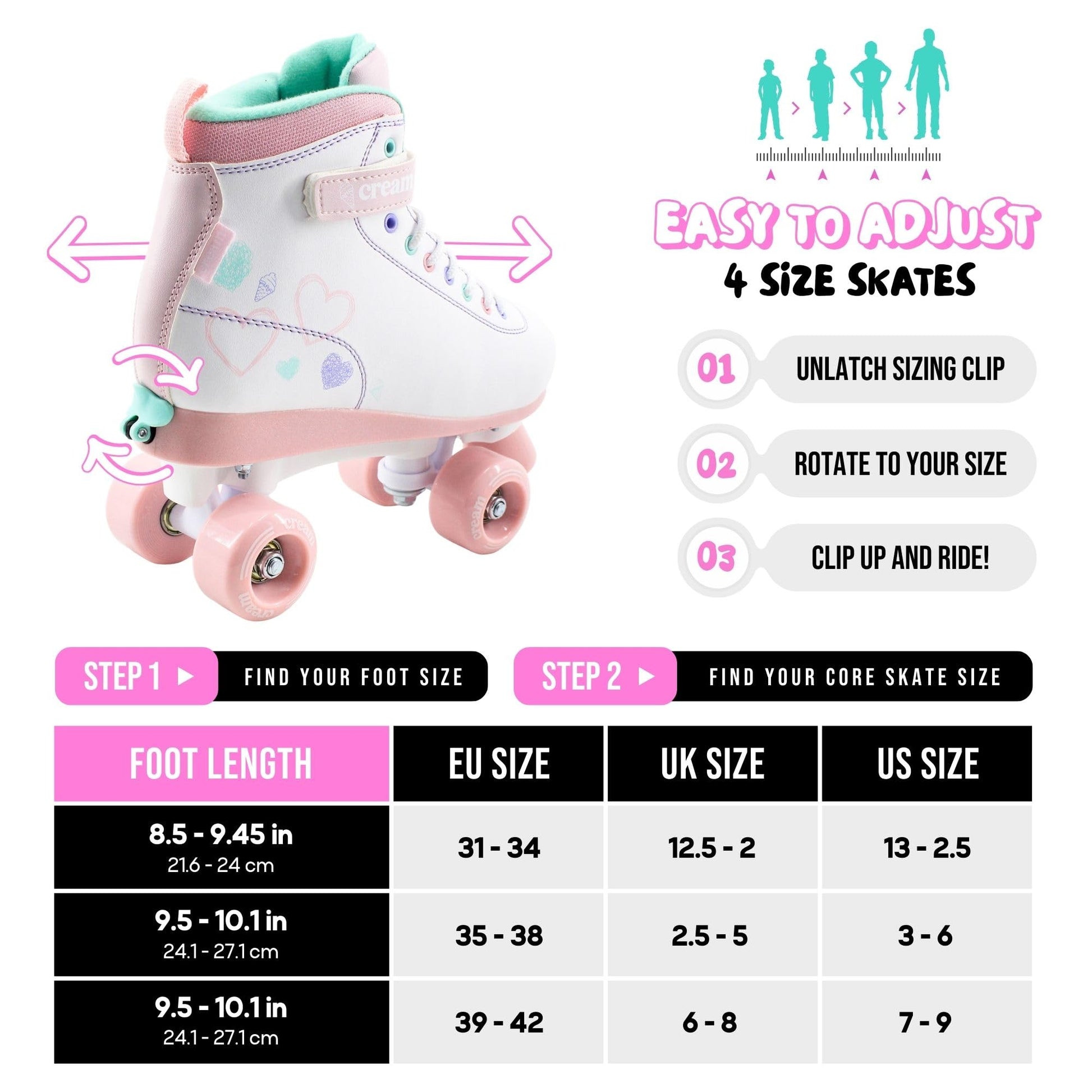 Cream Scoop Kids adjustable quad roller skates with white and pink hearts, featuring four wheels and adjustable sizing for beginners.