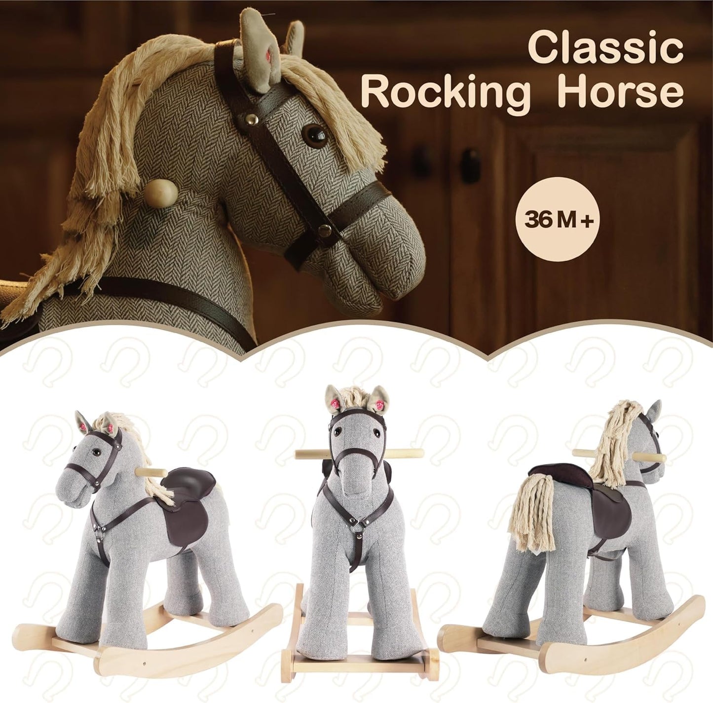 Rock My Baby Rocking Horse, Grey Wooden Horse with Sound Effects,Ride-on Toy,Balance Toy (Grey)