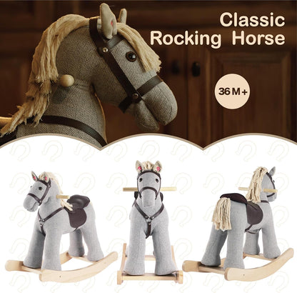 Rock My Baby Rocking Horse, Grey Wooden Horse with Sound Effects,Ride-on Toy,Balance Toy (Grey)
