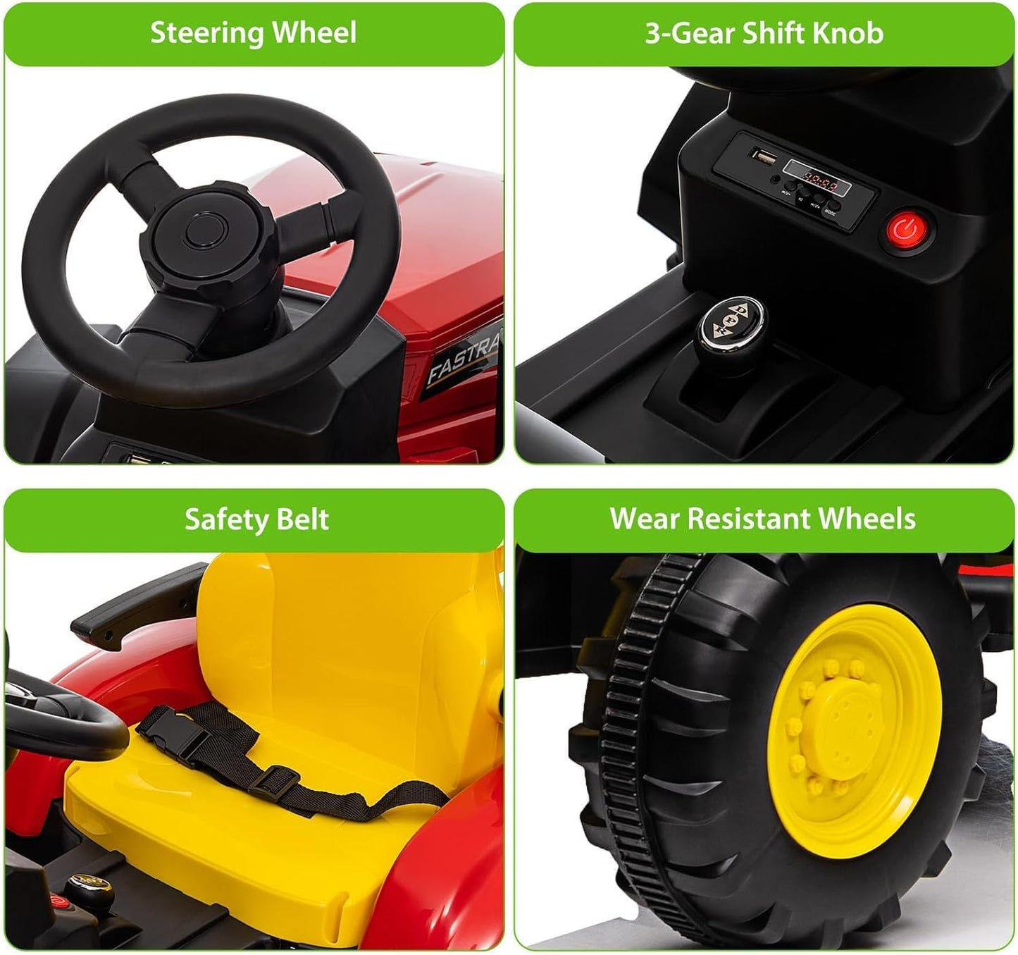 Kids Ride on Tractor with Detachable Trailer, 12V Battery Powered Electric Tractor with Remote Control, Dual Motors, Horn, Music/USB, 7 LED Lights, Ride on Toy Car for Ages 3+ (Red)
