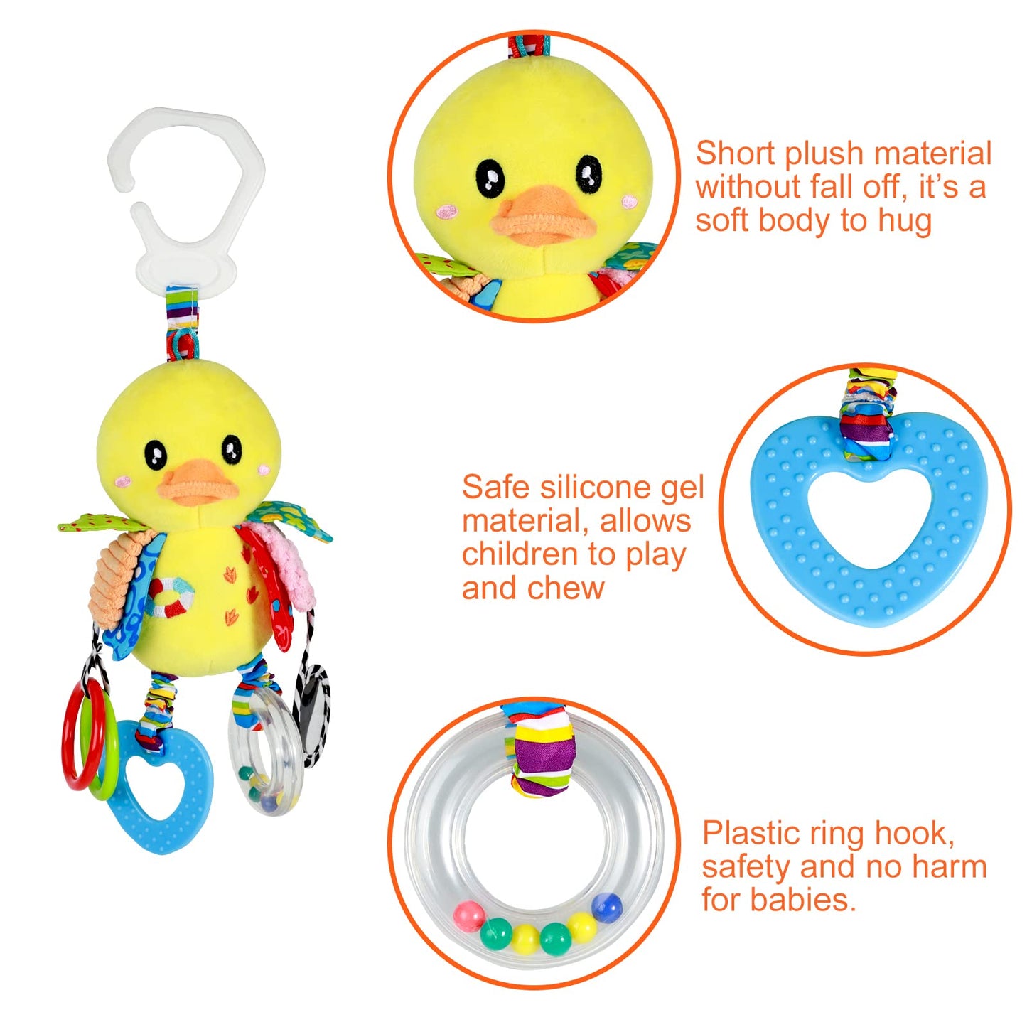 Funsland Pram Toys for Babies 0-6 Months, Clip On Car Seat Stroller Toys with Hanging Rattle, Newborn Sensory Toys for Baby Girls and Boys, Crib Travel Activity Plush Toys for Toddler 6-12 Months