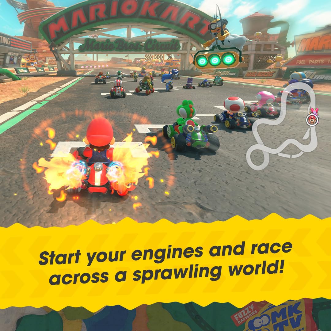 Nintendo Mario Kart World game box with colorful artwork featuring Mario and racing characters.