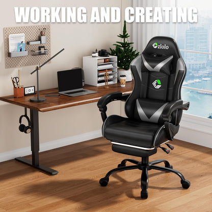 Czlolo grey gaming chair with massage feature, lumbar support, headrest, footrest, linkage armrests, and adjustable recline for gamers