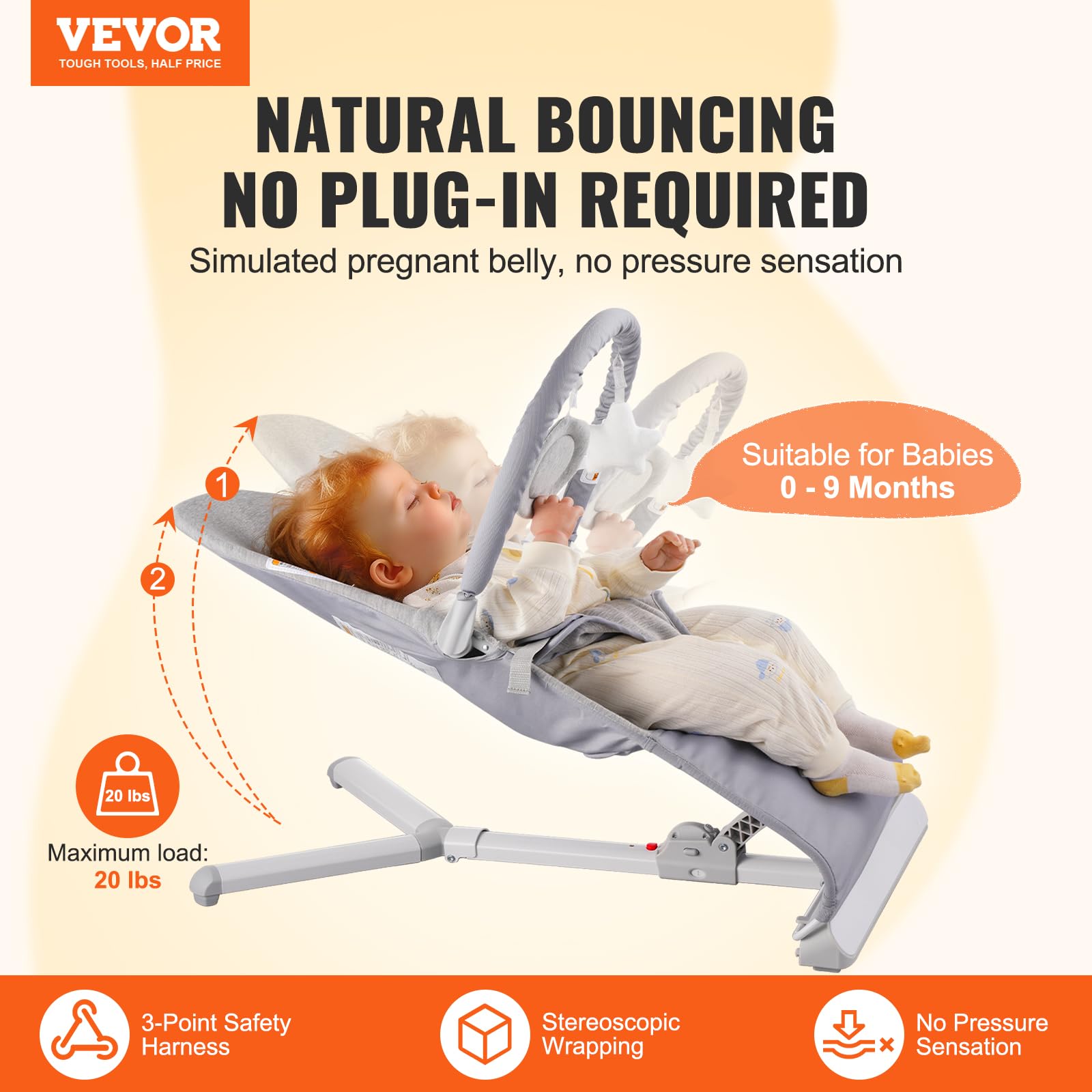 VEVOR baby bouncer seat for infants 0-9 months, with reclining angles, rotatable toy bar, portable design, and travel bag.