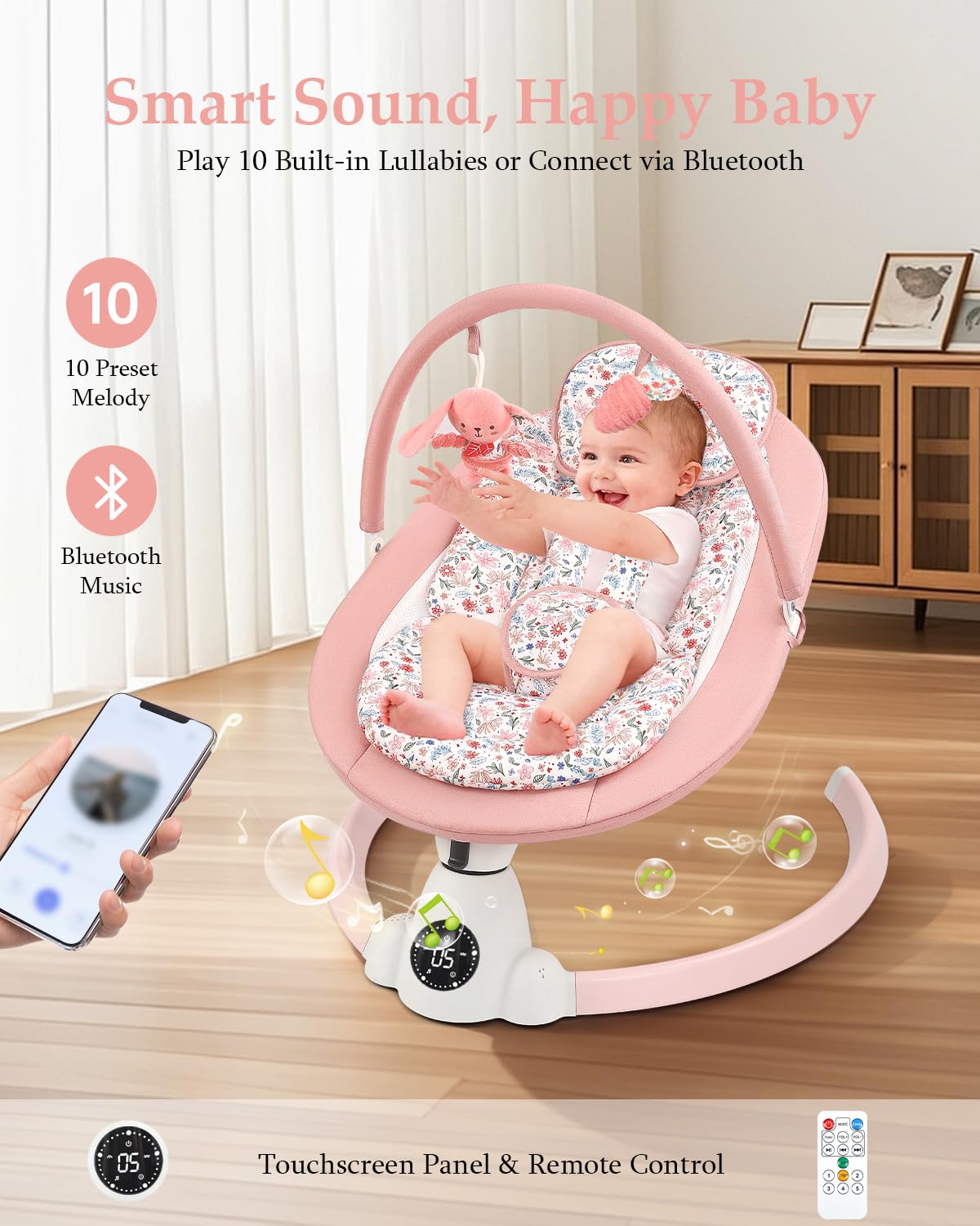 Uuoeebb portable electric baby bouncer with floral design, Bluetooth, 5 swing speeds, lullabies, 5-point harness, remote, and touch panel.
