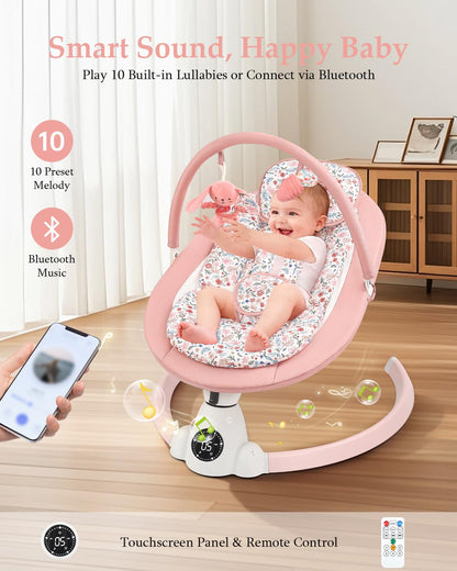 Uuoeebb portable electric baby bouncer with floral design, Bluetooth, 5 swing speeds, lullabies, 5-point harness, remote, and touch panel.