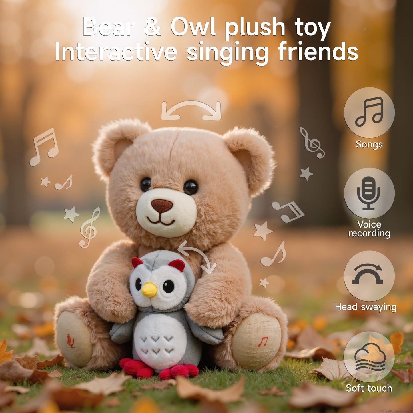 eJog Pup musical bear stuffed animal with owl, interactive talking plush toy, soft plush for kids and toddlers