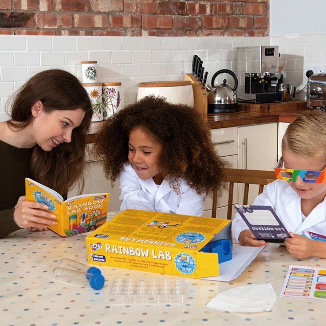 Galt Rainbow Lab science kit for kids showing colorful crystals, experiment tools, and science materials for children ages 5 and up.