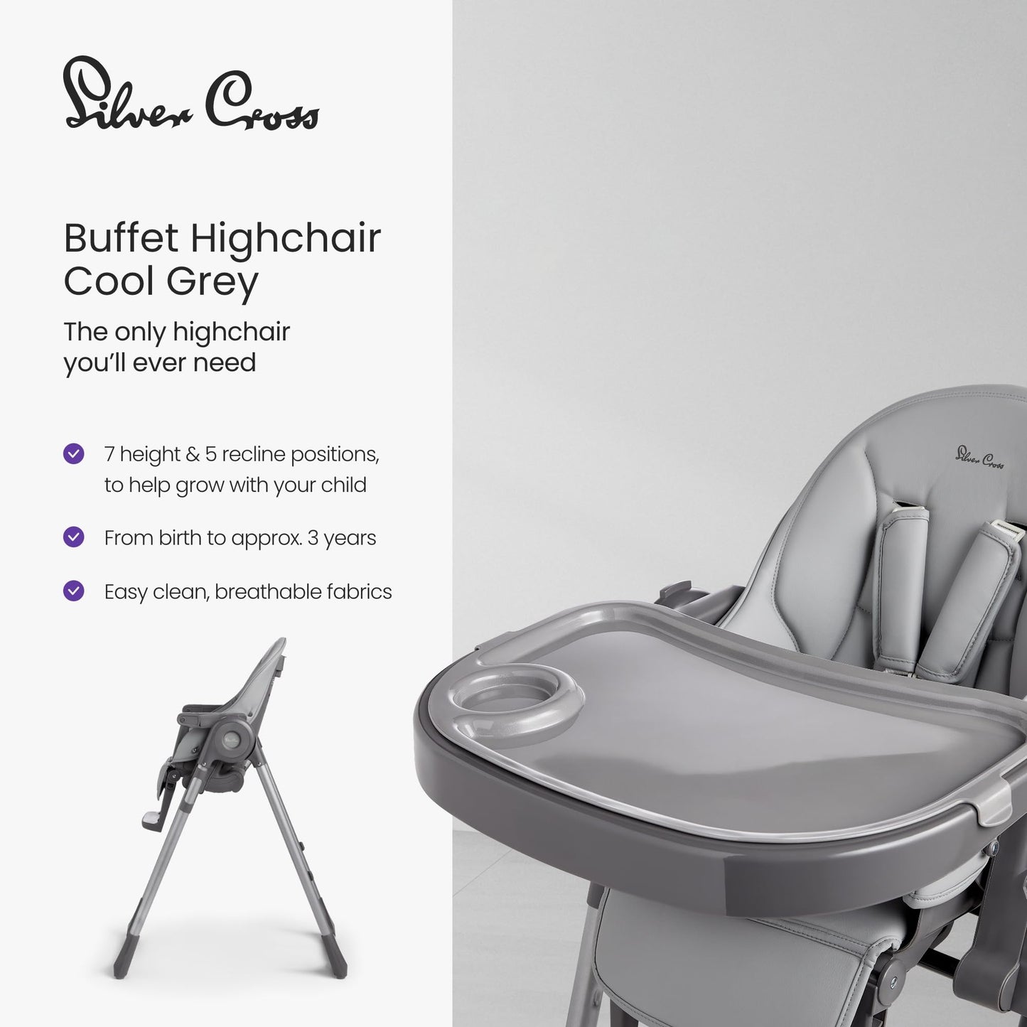 Silver Cross - Buffet Highchair - Baby Chair - Portable High Chair - Newborns to 3 years - Cool Grey
